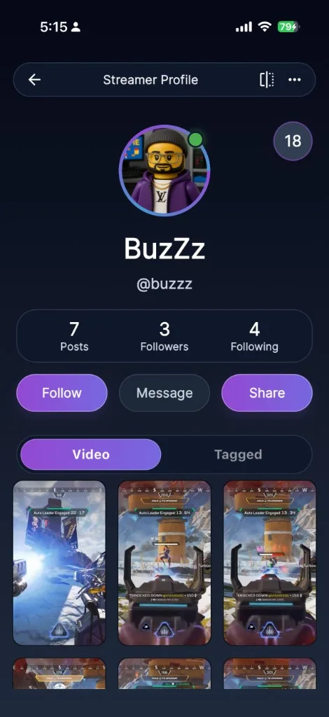 Streamer profile mobile app preview